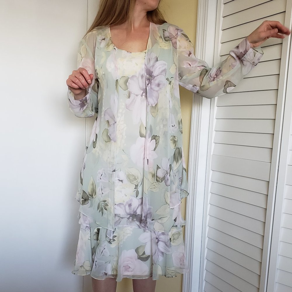 Floral Dress Sleeveless & Over Top Sheer Long Sleeve Size 8